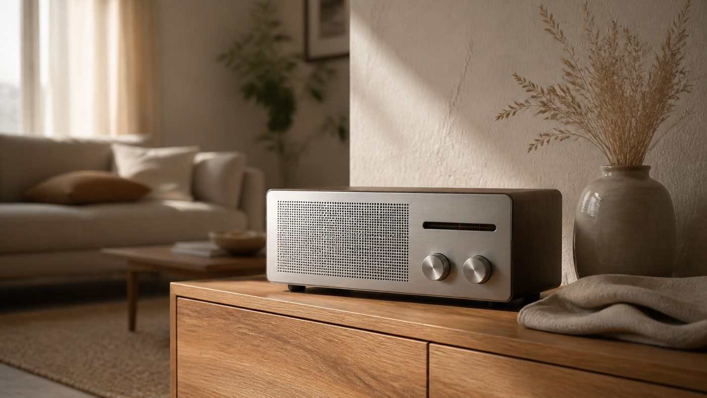 Tabletop radio with a brushed stainless steel front panel on an oak sideboard in a sunlit living room
